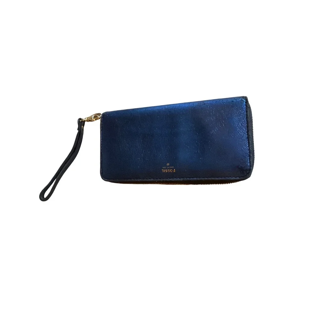 Fossil Wallet Blue Logan Zip Around Clutch Metallic Leather Wristlet Strap‎